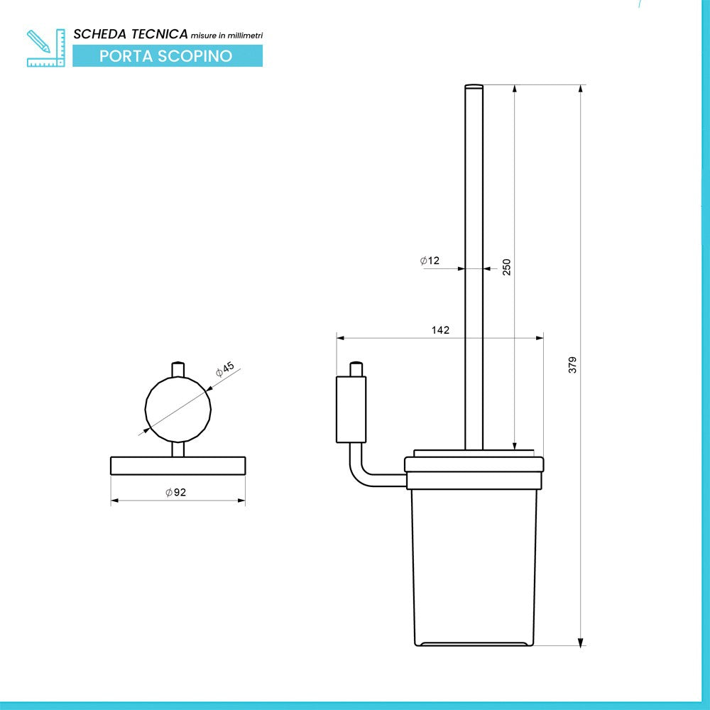 Porta scopino a muro acciaio cromo e vetro con doppio fissaggio Plaza