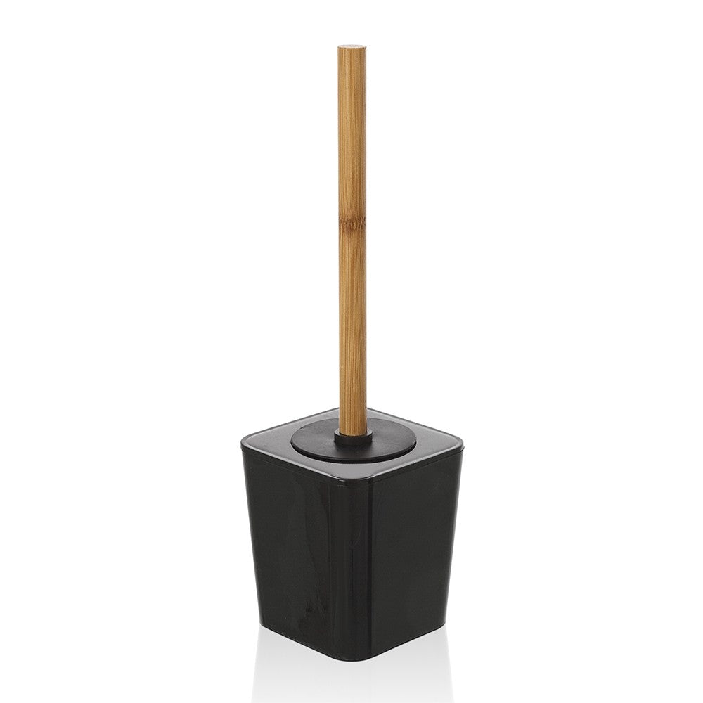Porta scopino bagno nero opaco con manico ergonomico in bambù