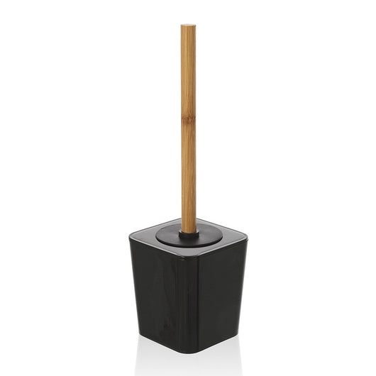 Porta scopino bagno nero opaco con manico ergonomico in bambù