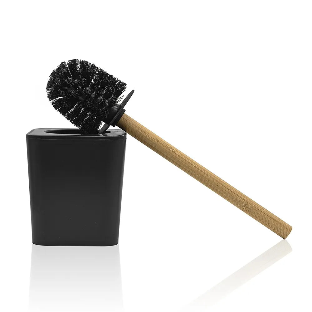 Porta scopino bagno nero opaco con manico ergonomico in bambù