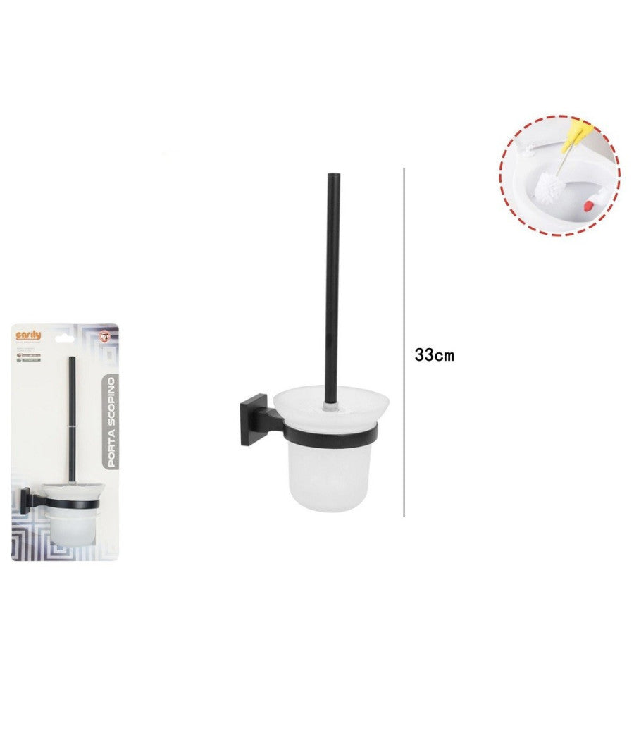 Porta Scopino In Acciaio Vetro Finitura Nero Opaco Con Fissaggio A Parete Muro         