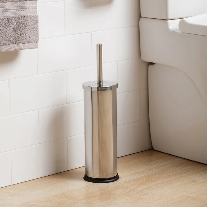 Porta scopino wc in acciaio inox spazzolato con setole nere e coperchio