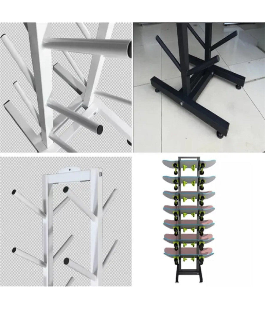 Porta Skateboard A 7 Strati In Metallo Nero Da Terra Per Esposizione Del Negozio         