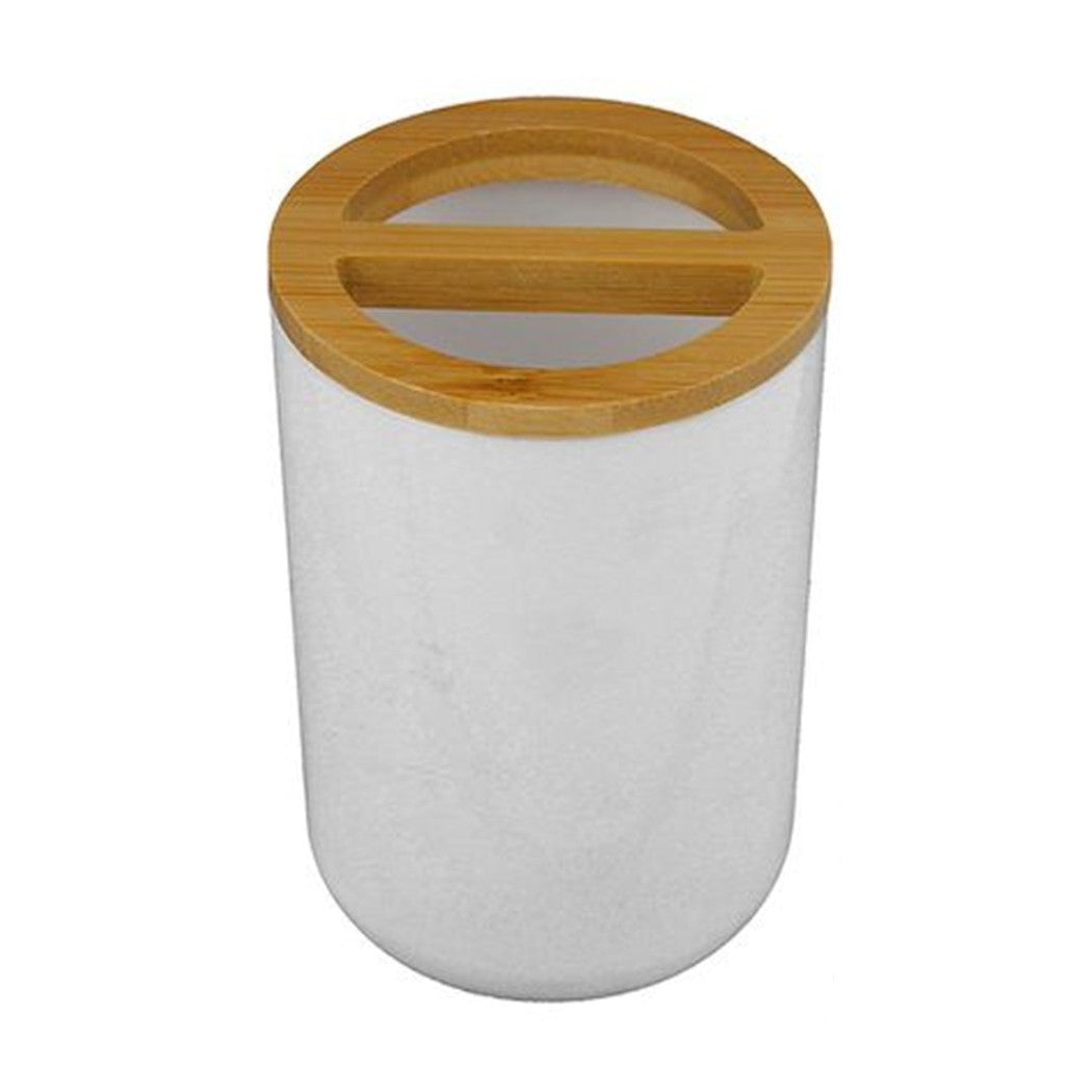 Trade Shop - Porta Spazzolini Bicchiere Accessori Bagno 2 Fori Bianco Legno Contenitore 69478 -