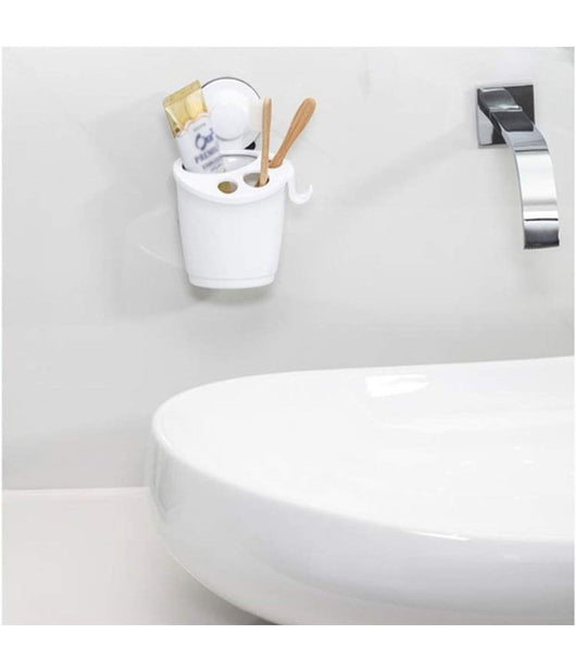 Porta Spazzolini Dentifricio A Ventosa Bianco Contenitore Parete Bagno 59541         