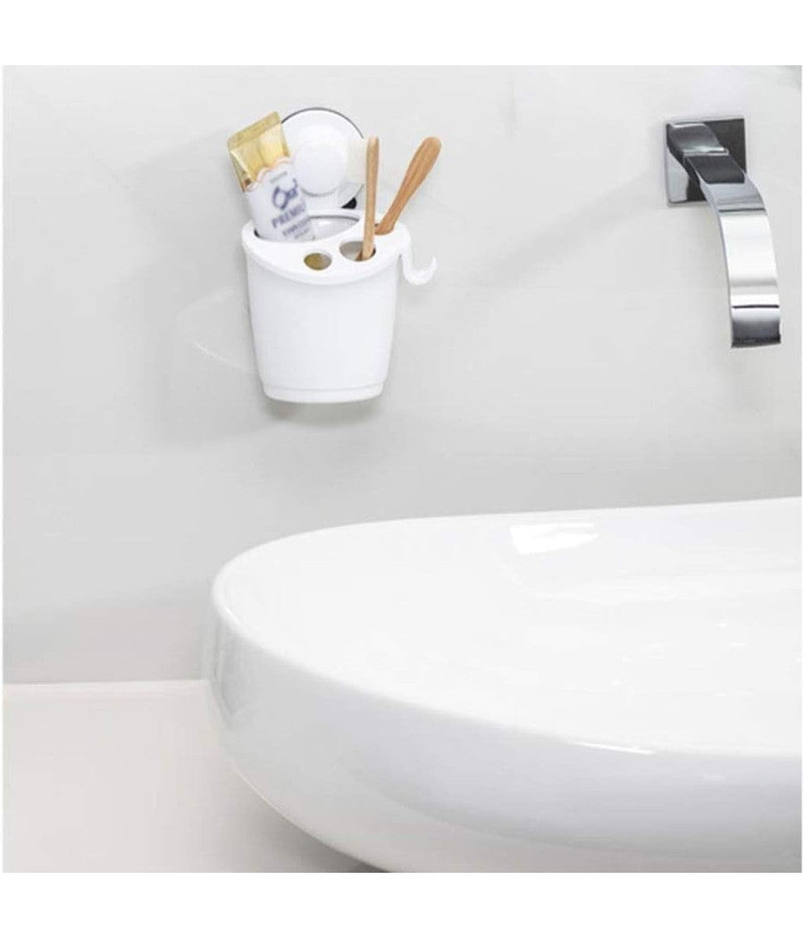 Porta Spazzolini Dentifricio A Ventosa Bianco Contenitore Parete Bagno 59541         
