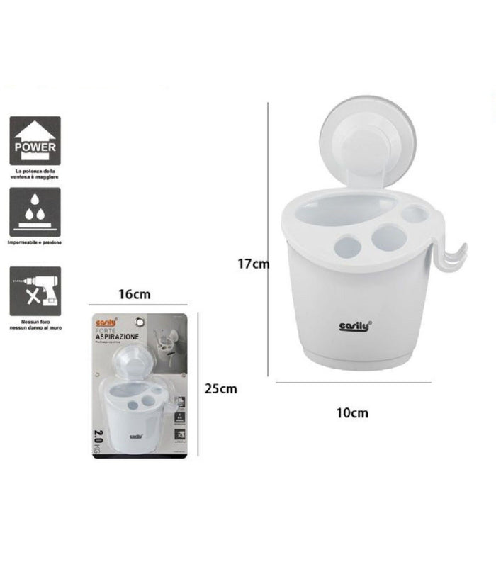 Porta Spazzolini Dentifricio A Ventosa Bianco Contenitore Parete Bagno 59541         