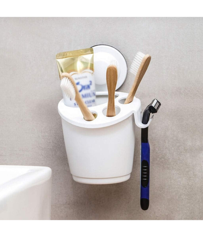 Porta Spazzolini Dentifricio A Ventosa Bianco Contenitore Parete Bagno 59541         