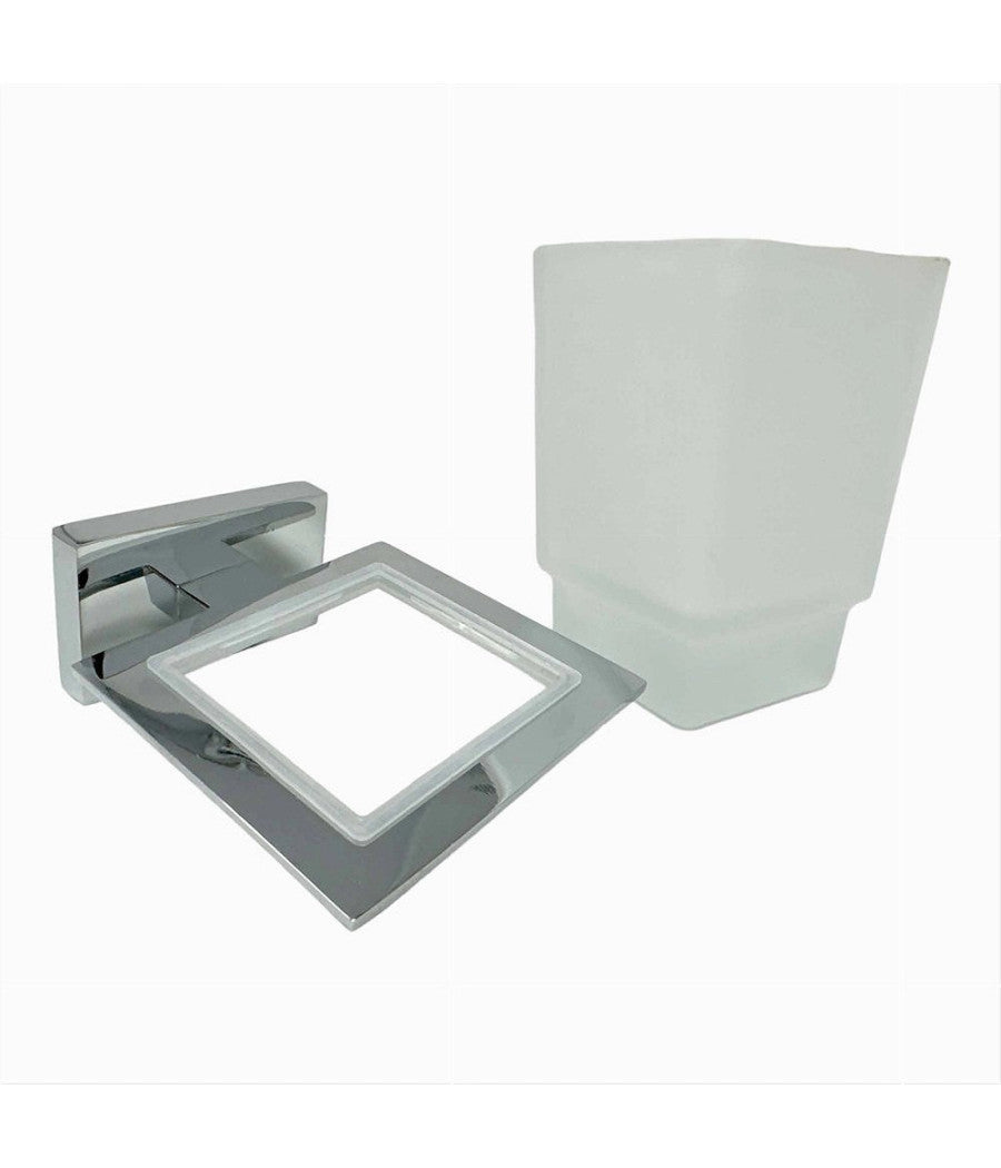 Porta Spazzolini Dentifricio Con Bicchiere Vetro Parete Arredo Bagno Cubo 87213         