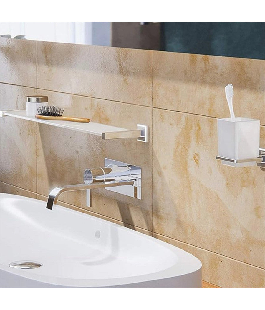 Porta Spazzolini Dentifricio Con Bicchiere Vetro Parete Arredo Bagno Cubo 87213         