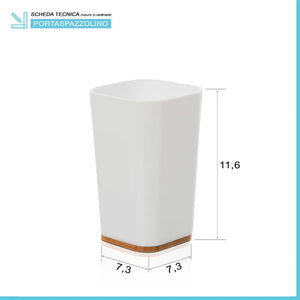 Porta spazzolini in finitura bianca opaca con dettagli in bambù