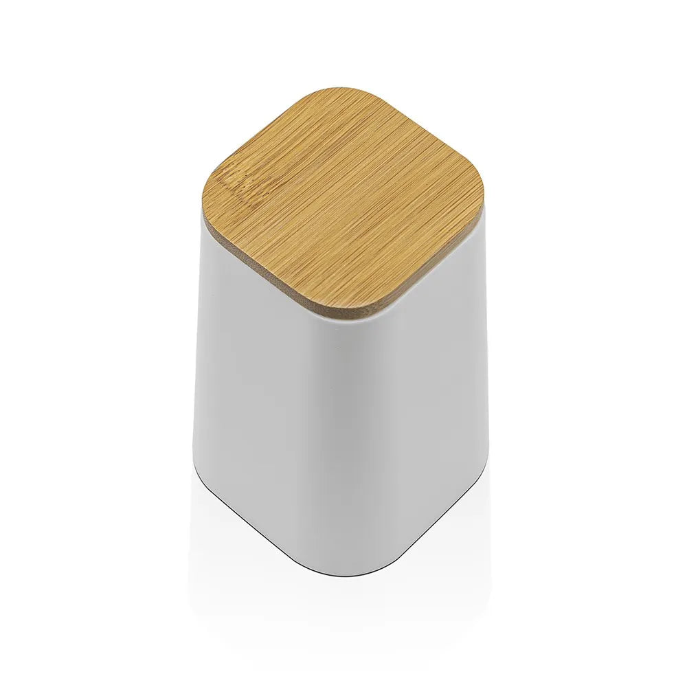 Porta spazzolini in finitura bianca opaca con dettagli in bambù