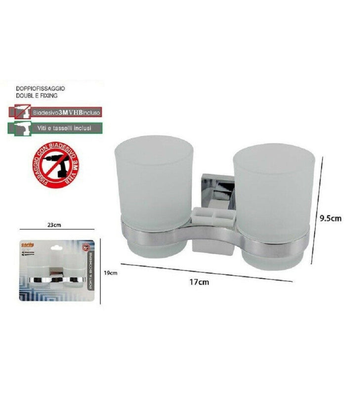 Porta Spazzolino 2 Bicchieri Dentifricio Muro Parete Acciaio Vetro Square 59187         