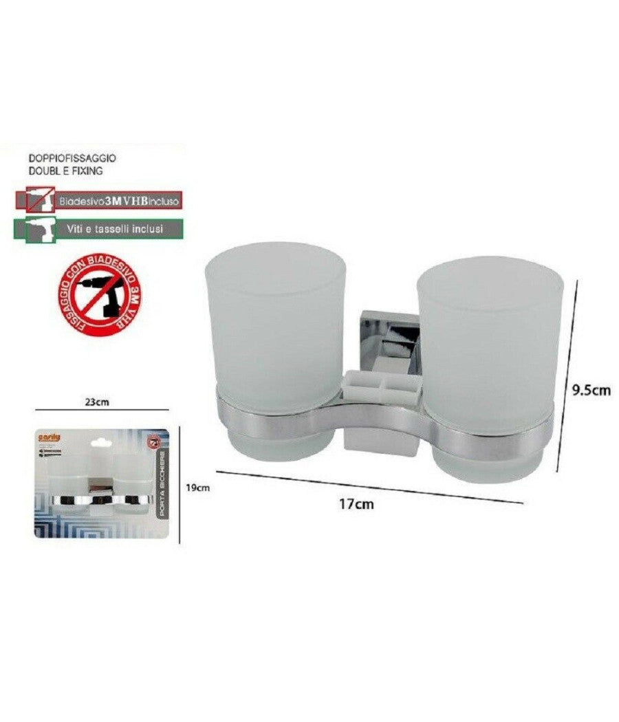 Porta Spazzolino 2 Bicchieri Dentifricio Muro Parete Acciaio Vetro Square 59187         