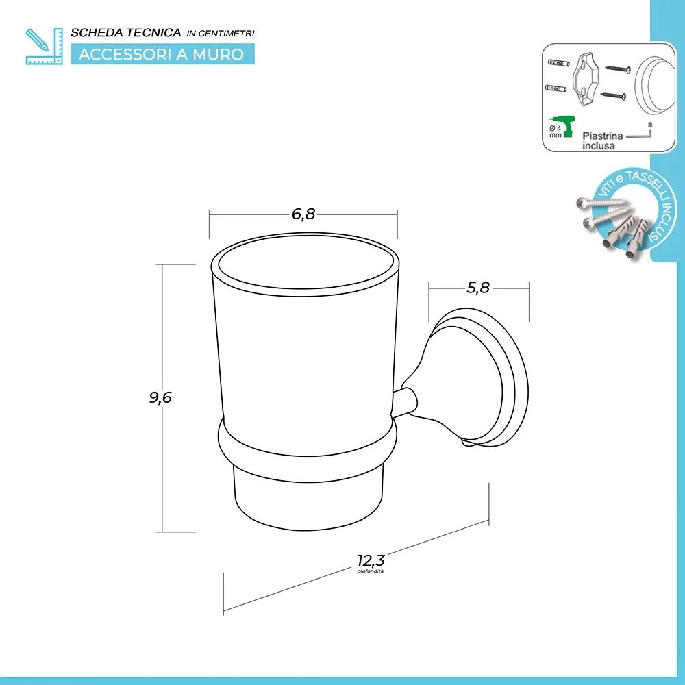 Porta spazzolino da denti a muro in vetro satinato finitura bronzo kit per fissaggio incluso Iris