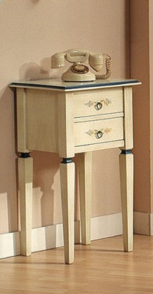 Porta telefono in legno massello 2 cassetti arte povera laccato avorio con profilo azzurro l.44 x p.35 h.77