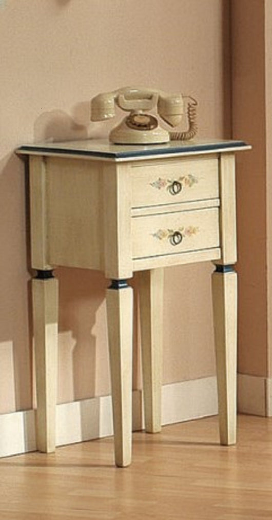 Porta telefono in legno massello 2 cassetti arte povera laccato avorio con profilo azzurro l.44 x p.35 h.77