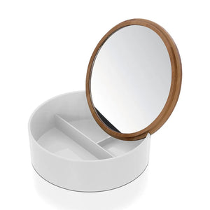 Porta trucchi da bagno tondo in plastica bianca e bambù completo di specchio