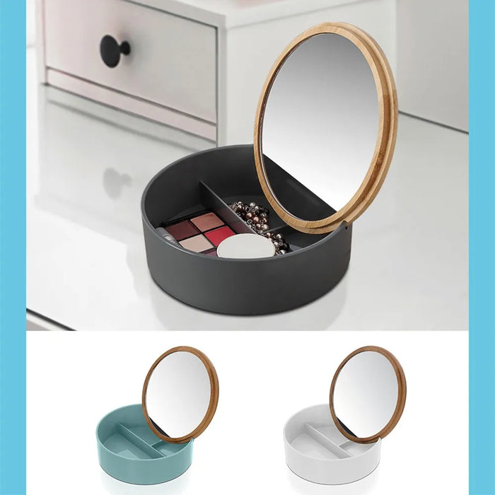 Porta trucchi da bagno tondo in plastica bianca e bambù completo di specchio