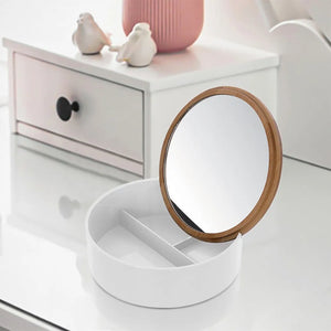 Porta trucchi da bagno tondo in plastica bianca e bambù completo di specchio