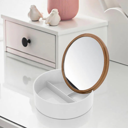 Porta trucchi da bagno tondo in plastica bianca e bambù completo di specchio