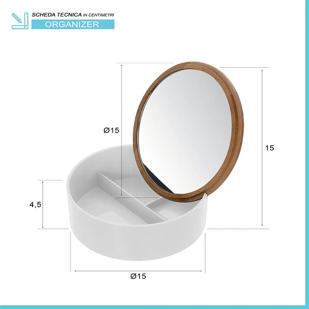 Porta trucchi da bagno tondo in plastica bianca e bambù completo di specchio