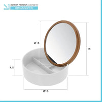 Porta trucchi da bagno tondo in plastica bianca e bambù completo di specchio