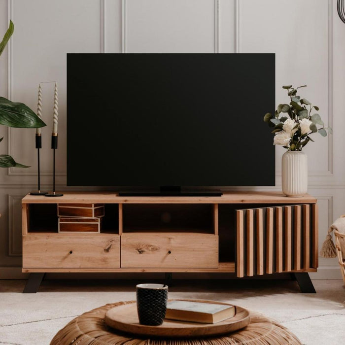 Mobile porta Tv  2 cassetti e anta con vani a giorno Medan56A colore rovere antracite