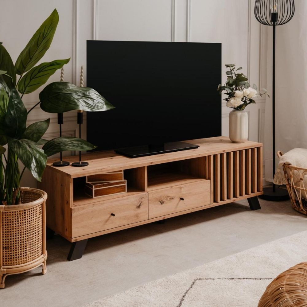 Mobile porta Tv  2 cassetti e anta con vani a giorno Medan56A colore rovere antracite