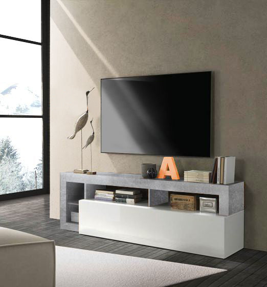 Porta Tv moderno in finitura bianco laccato lucido e Cemento, ZLCHNPTO-1-CE
