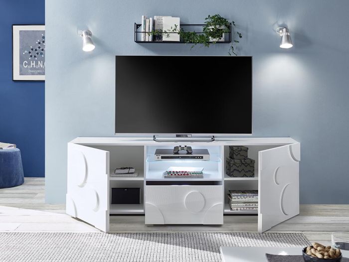 Porta TV cerchio 2 ante 1 cassetto, finitura bianco lucido, design moderno ZLCSHPRD6