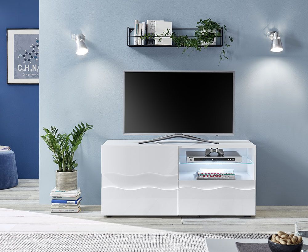 Porta TV onda 1 anta 1 cassetto, finitura bianco lucido, design moderno ZLCSHPPB