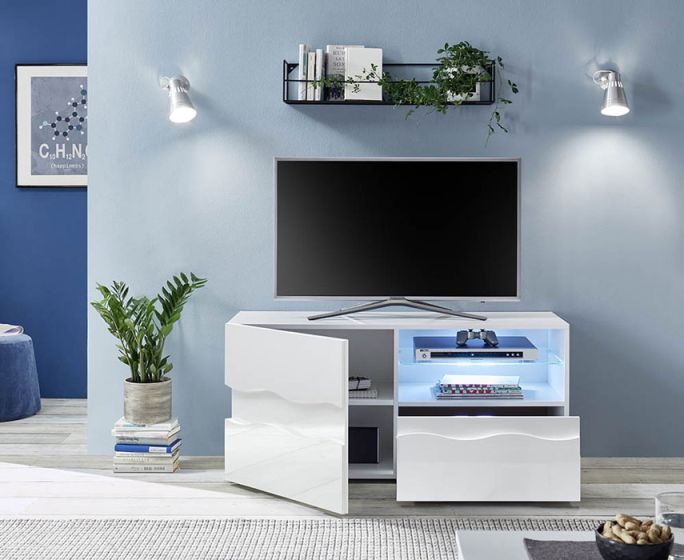 Porta TV onda 1 anta 1 cassetto, finitura bianco lucido, design moderno ZLCSHPPB