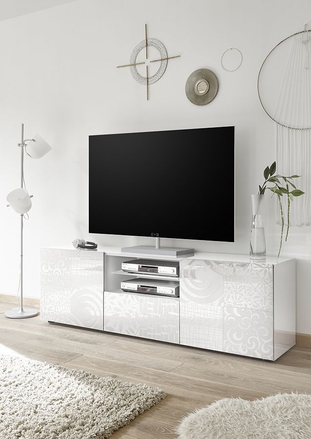 Mobili tv, porta tv a 2 ante, 1 cassetto bianco laccato lucido serigrafato ZLCMRPTVBI