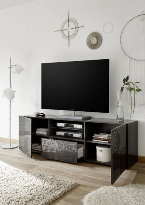 Base porta TV a 2 ante, 1 cassetto grigio serigrafato, ZLCMRPTVGR