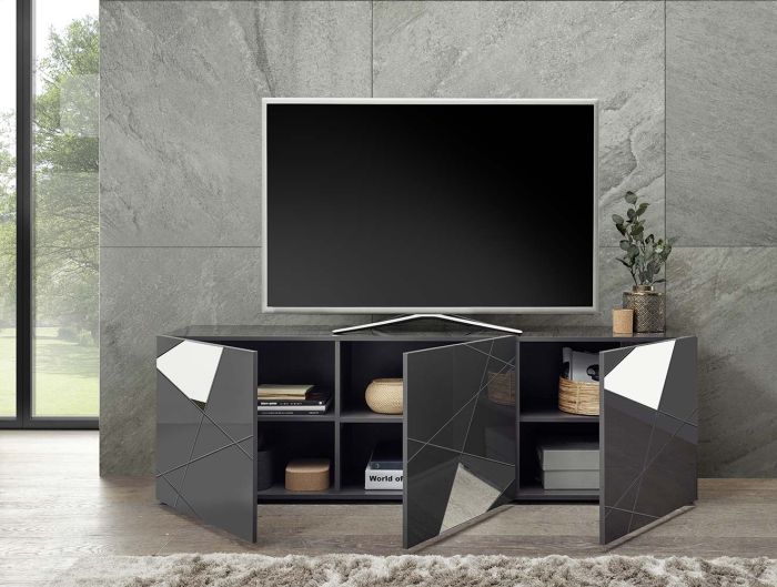 Mobile porta Tv con 3 ante e specchi Grigio lucido, ZLCMADPT-G