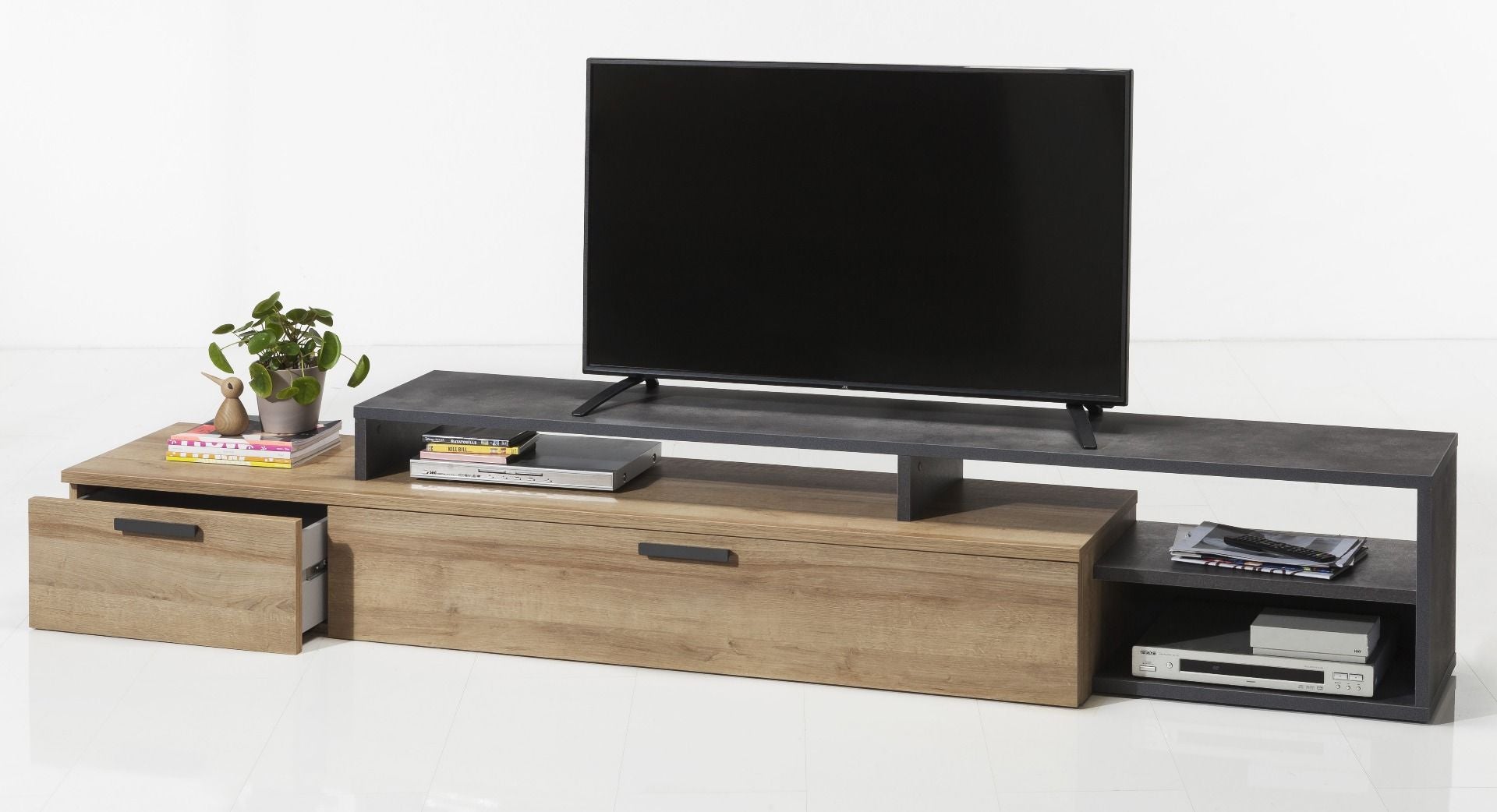 Base porta Tv industry in finitura Grigio smoke e Rovere, ZCMVTTBS3344