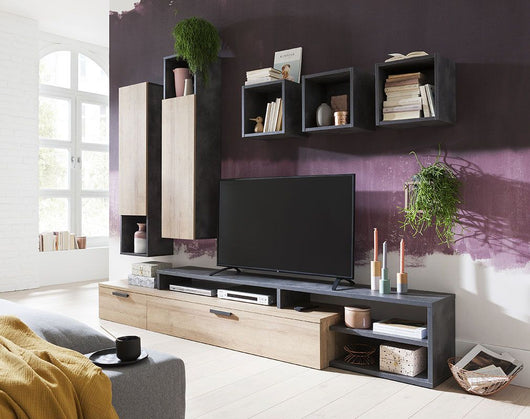 Base porta Tv industry in finitura Grigio smoke e Rovere, ZCMVTTBS3344