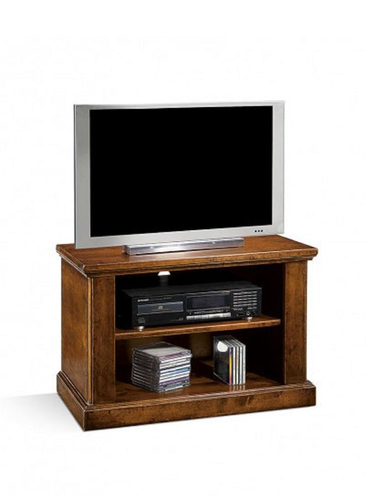 Porta televisore in legno 2 vani con ruote arte povera tinta noce l.75 x p.41 h.51