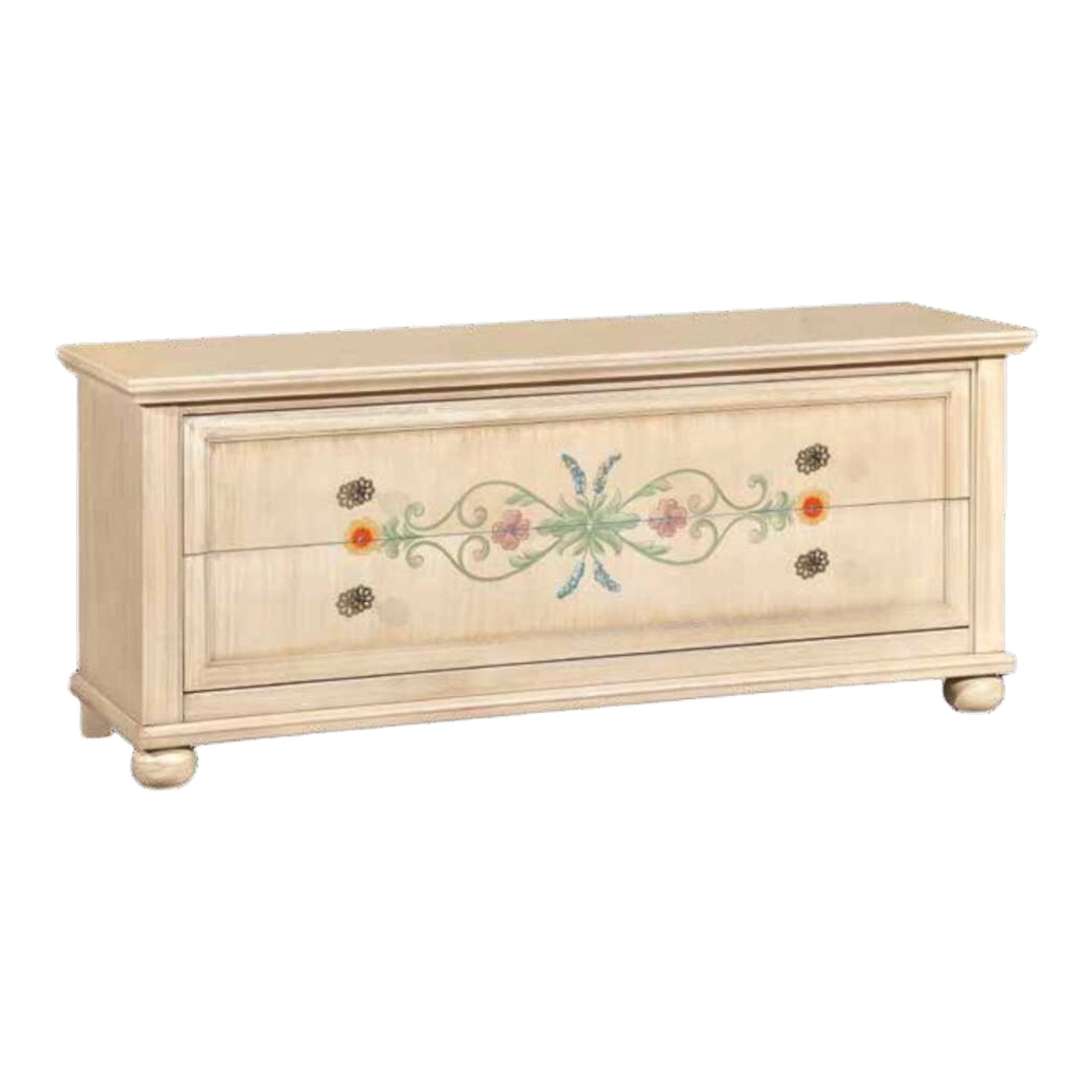 Panca porta tv avorio pennellato con decori l.159 p.49 .h.67