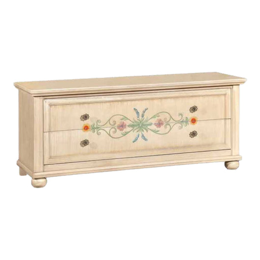 Panca porta tv avorio pennellato con decori l.159 p.49 .h.67
