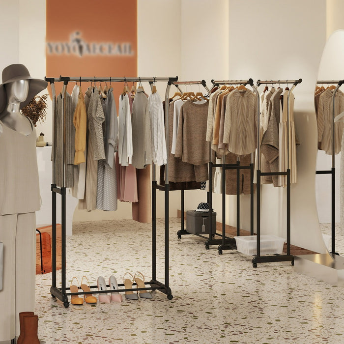 Appendiabiti regolabile in altezza con ruote per camera da letto, Porta abiti con doppio asta estendibili ruote girevoli-Appendiabiti