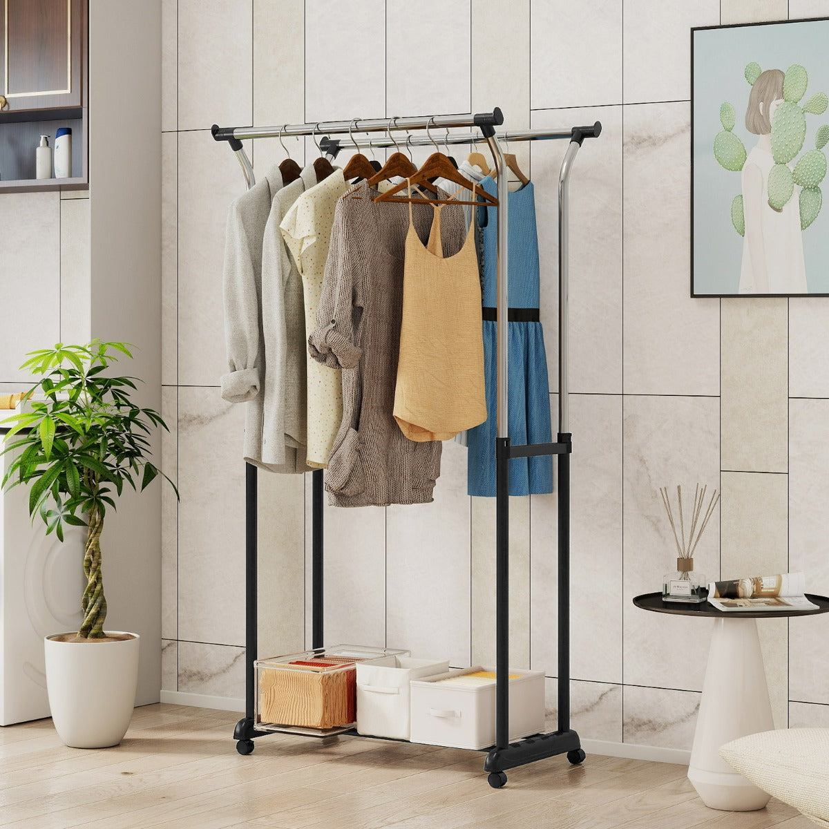 Appendiabiti regolabile in altezza con ruote per camera da letto, Porta abiti con doppio asta estendibili ruote girevoli-Appendiabiti