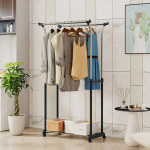 Appendiabiti regolabile in altezza con ruote per camera da letto, Porta abiti con doppio asta estendibili ruote girevoli-Appendiabiti
