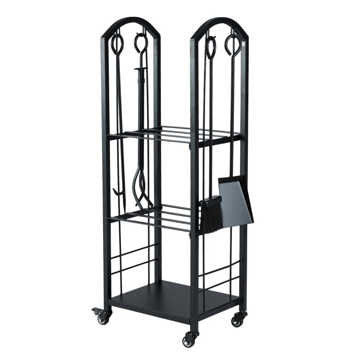 Porta legna da interno ed esterno con pinza scopa e paletta per stoccaggio-Portalegna a 3 ripiani con ruote Nero