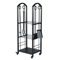 Porta legna da interno ed esterno con pinza scopa e paletta per stoccaggio-Portalegna a 3 ripiani con ruote Nero