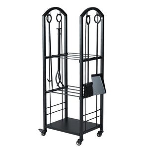Porta legna da interno ed esterno con pinza scopa e paletta per stoccaggio-Portalegna a 3 ripiani con ruote Nero