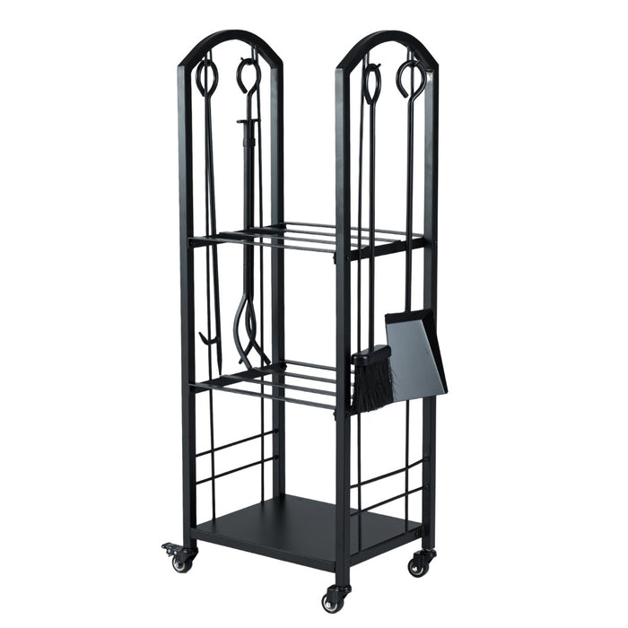 Porta legna da interno ed esterno con pinza scopa e paletta per stoccaggio-Portalegna a 3 ripiani con ruote Nero