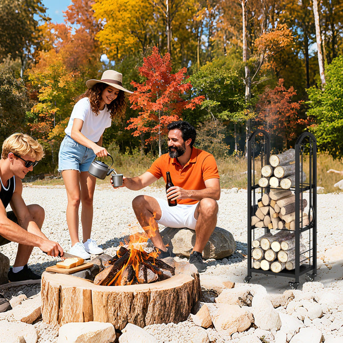Porta legna da interno ed esterno con pinza scopa e paletta per stoccaggio-Portalegna a 3 ripiani con ruote Nero