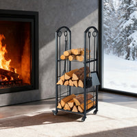 Porta legna da interno ed esterno con pinza scopa e paletta per stoccaggio-Portalegna a 3 ripiani con ruote Nero